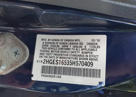 2005 Honda Civic Lx из США, поврежденный, VIN 2HGES16535H570409